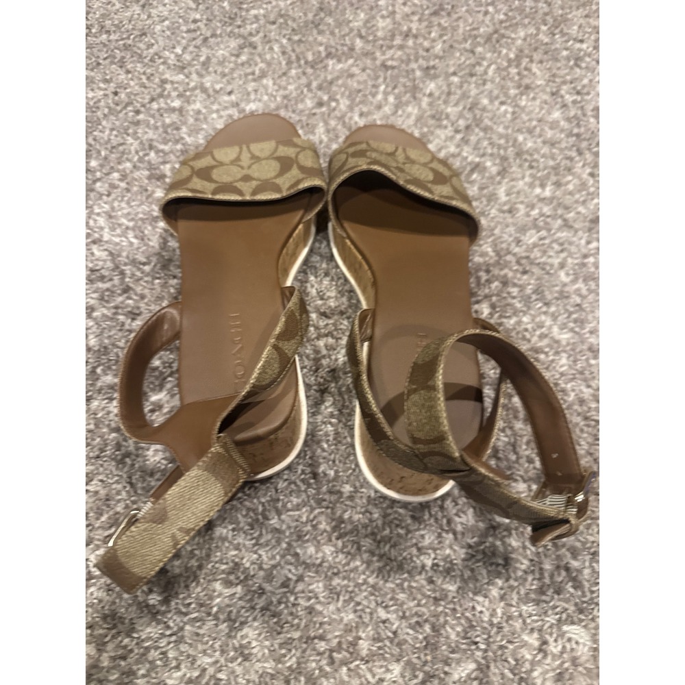 Coach Signature Monogram Cork Platform Sandals Brown Tan Ankle Strap Wedge